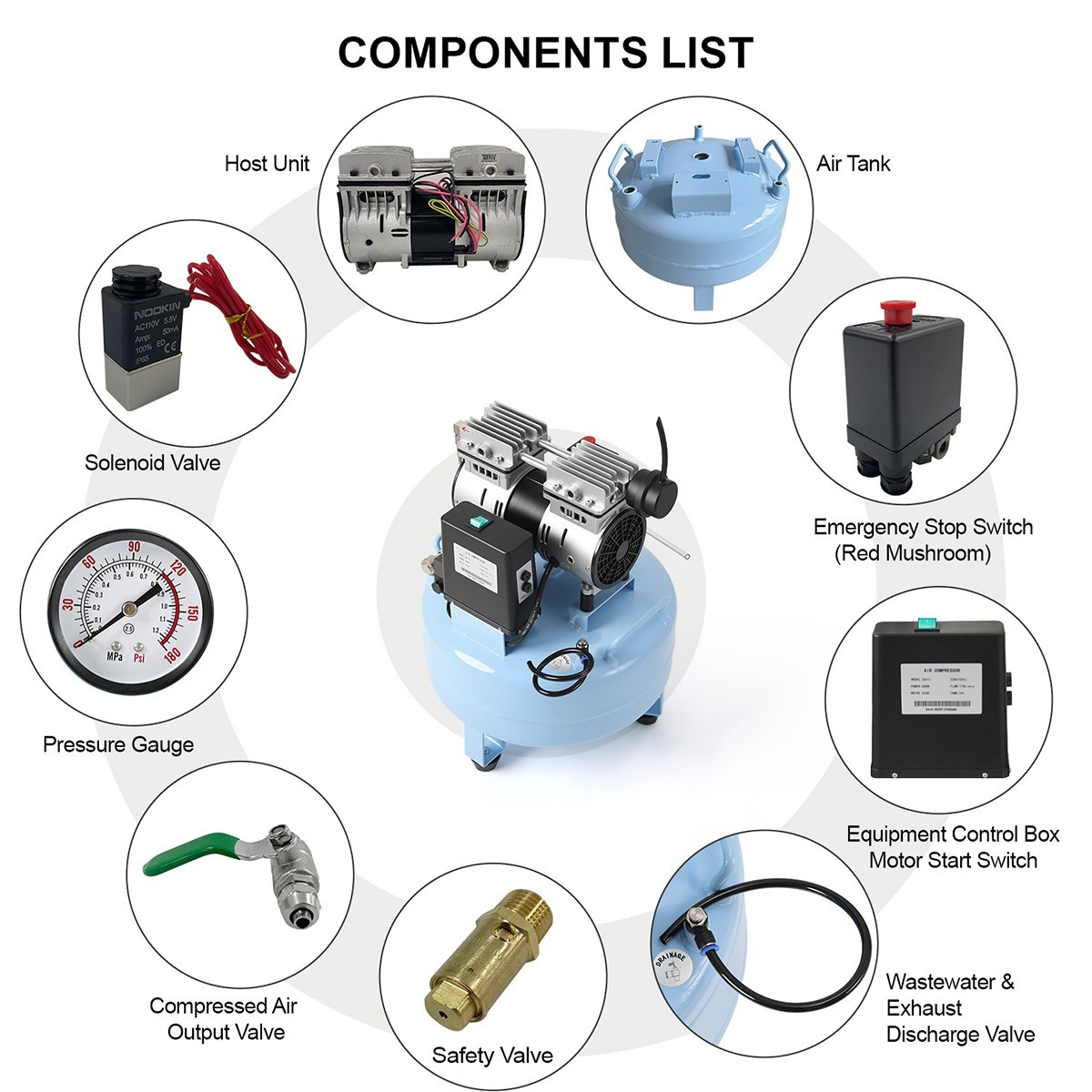 24L Portable Dental Air Compressor Oil Free Silent Air Pump 600W 118 L/min
