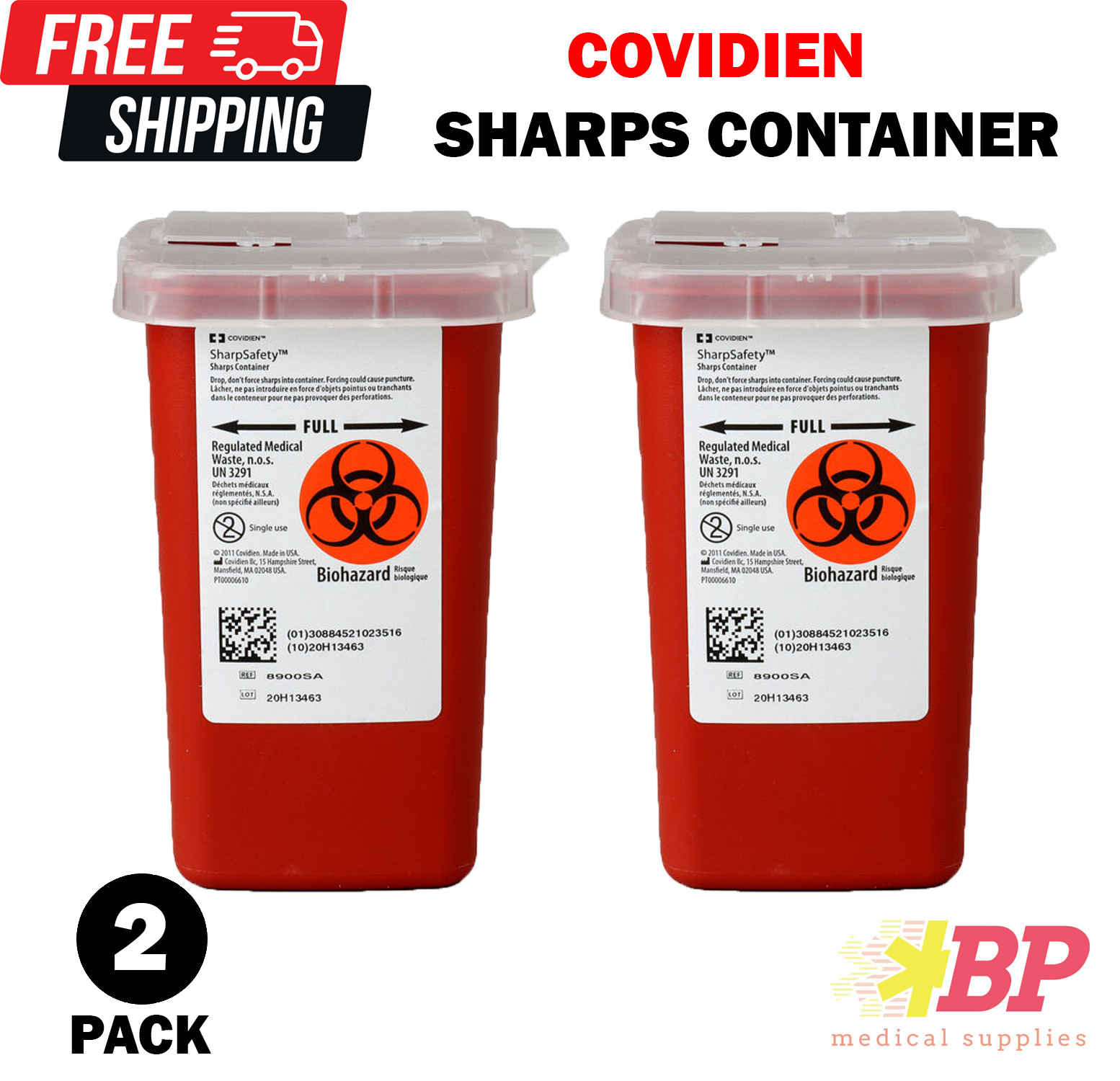 Covidien 8900SA Sharps Container Waste Disposal 1 Quarts / 32oz – RED 2PCS