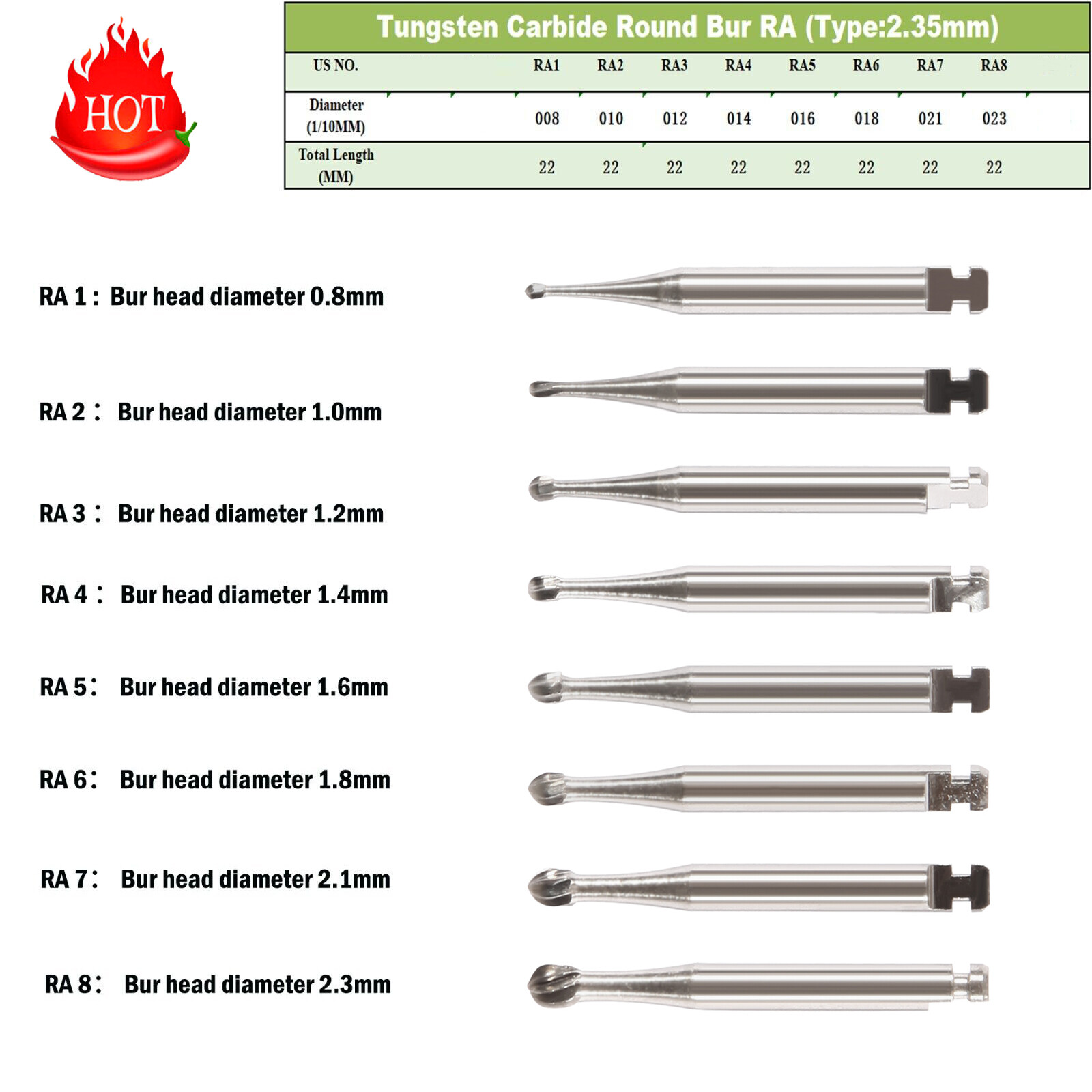 5-100 8 Types Dental Round Carbide Bur for Slow Speed Latch Type RA 1# – 8# Burs