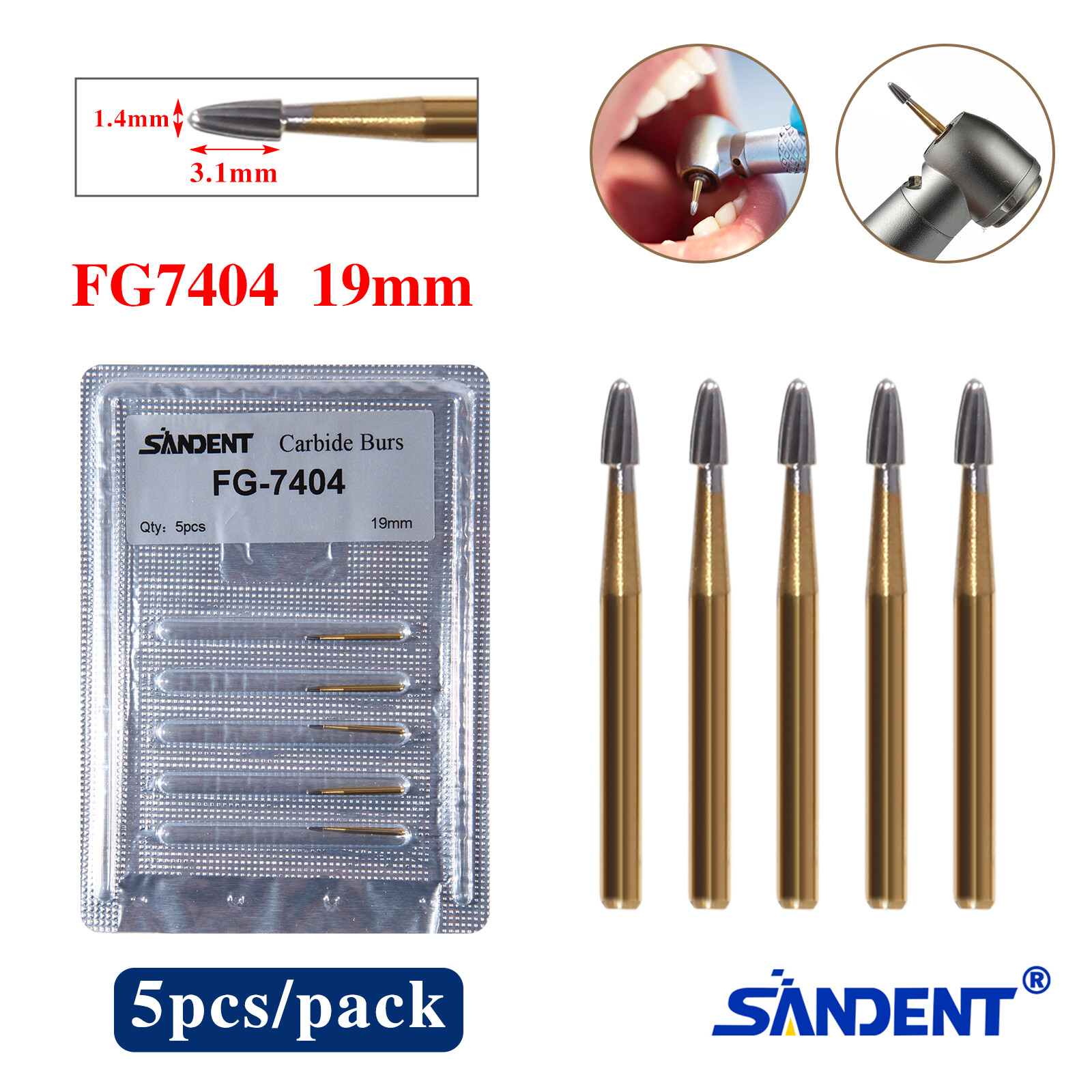 Dental Trimming& Finishing Carbide Burs Egg Shape Football Gold FG7404/7406/7408