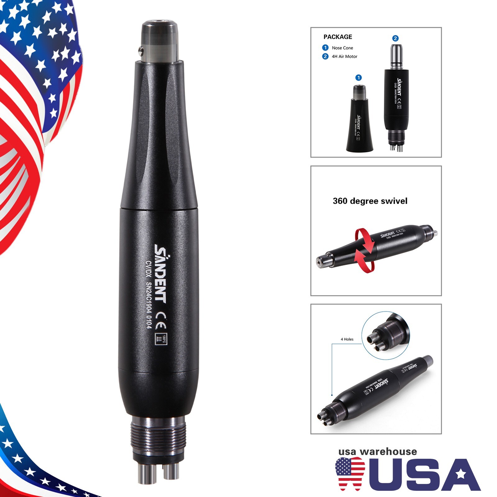 360° Swivel Dental Hygiene Prophy Handpiece Air Motor 4Holes 4:1 Nose Cone 135°C