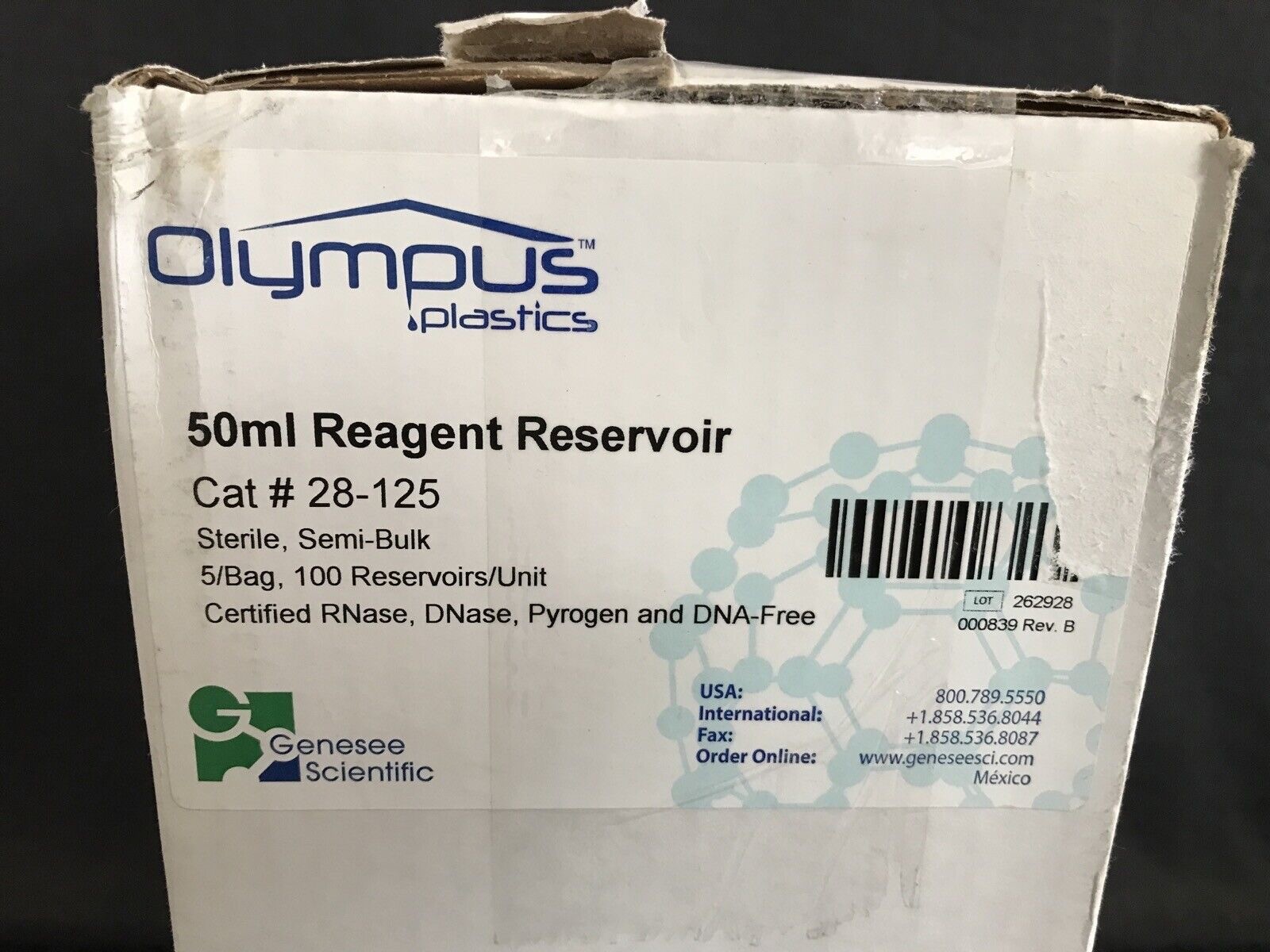 (100/Pk) OLYMPUS 50mL White Polystyrene Reagent Reservoir Sterile 5/Bag 28-125