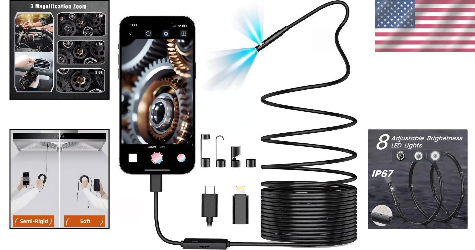 Waterproof Borescope with Wi-Fi, 16.5ft Semi-Rigid Cable for Inspections