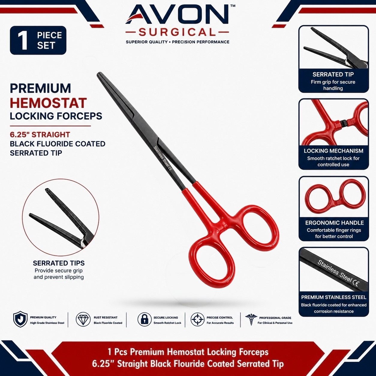 6.25″ Multi-Purpose Hemostat Forceps Pliers, Locking, Red Vinyl Grip, Black Flou