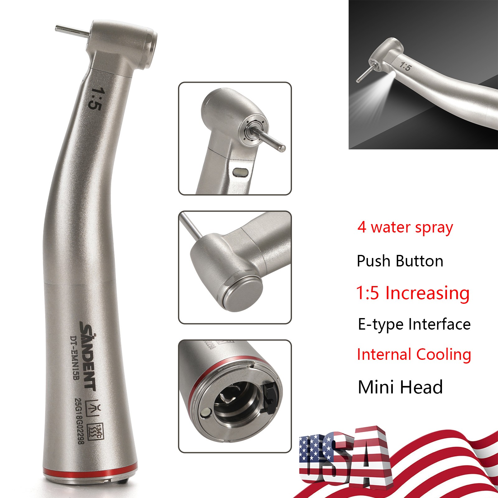Dental 1:5 Contra Angle FG1.6mm LED Fiber Optic Handpiece MINI Inner Spray UPS H