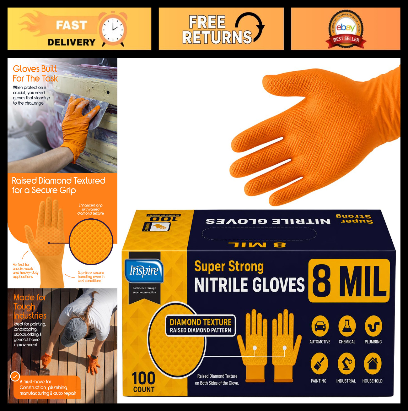 Heavy Duty Orange Nitrile Gloves | 8 Mil Diamond Textured Grip | Industrial Mech