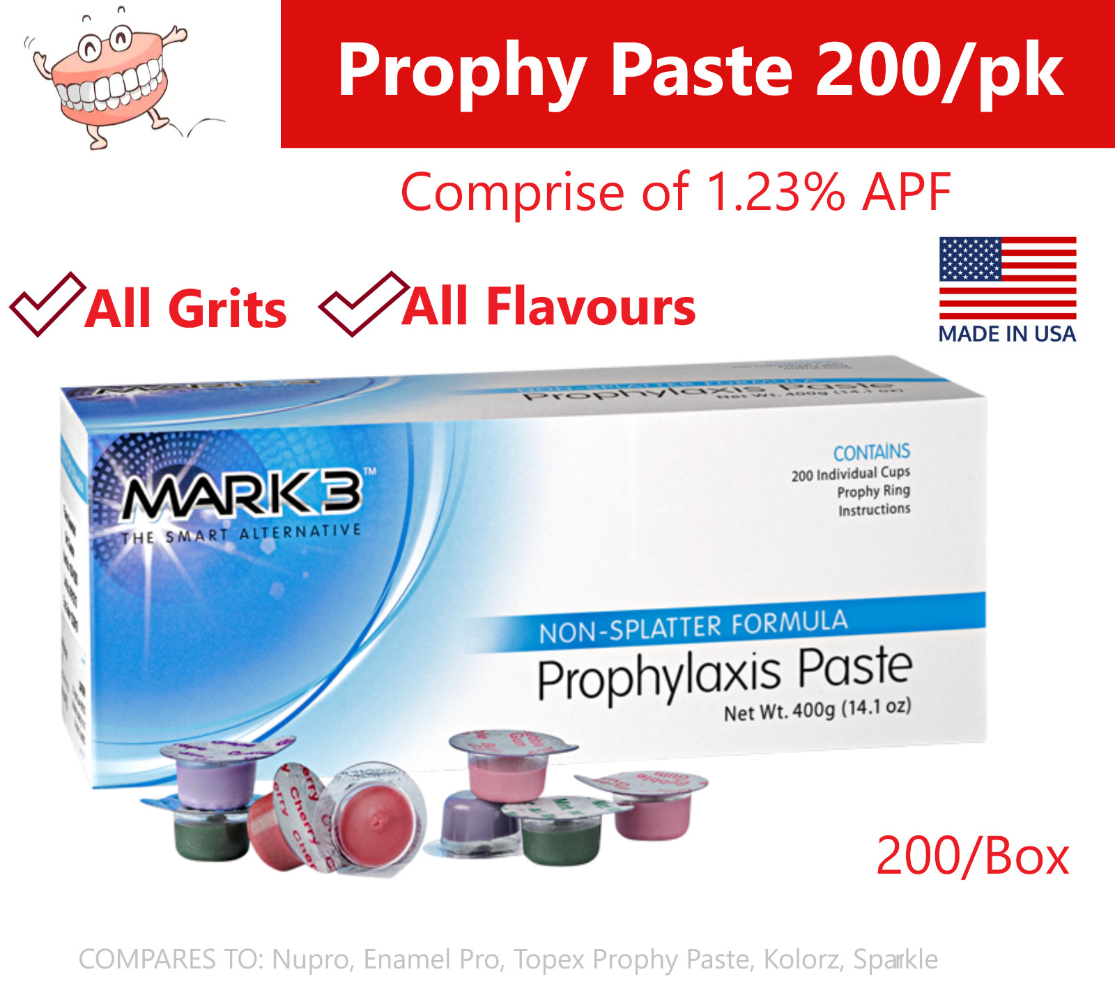 Dental Prophy Paste 200 Cups Prophylaxis Non Splatter Mark3 All Grits & Flavors