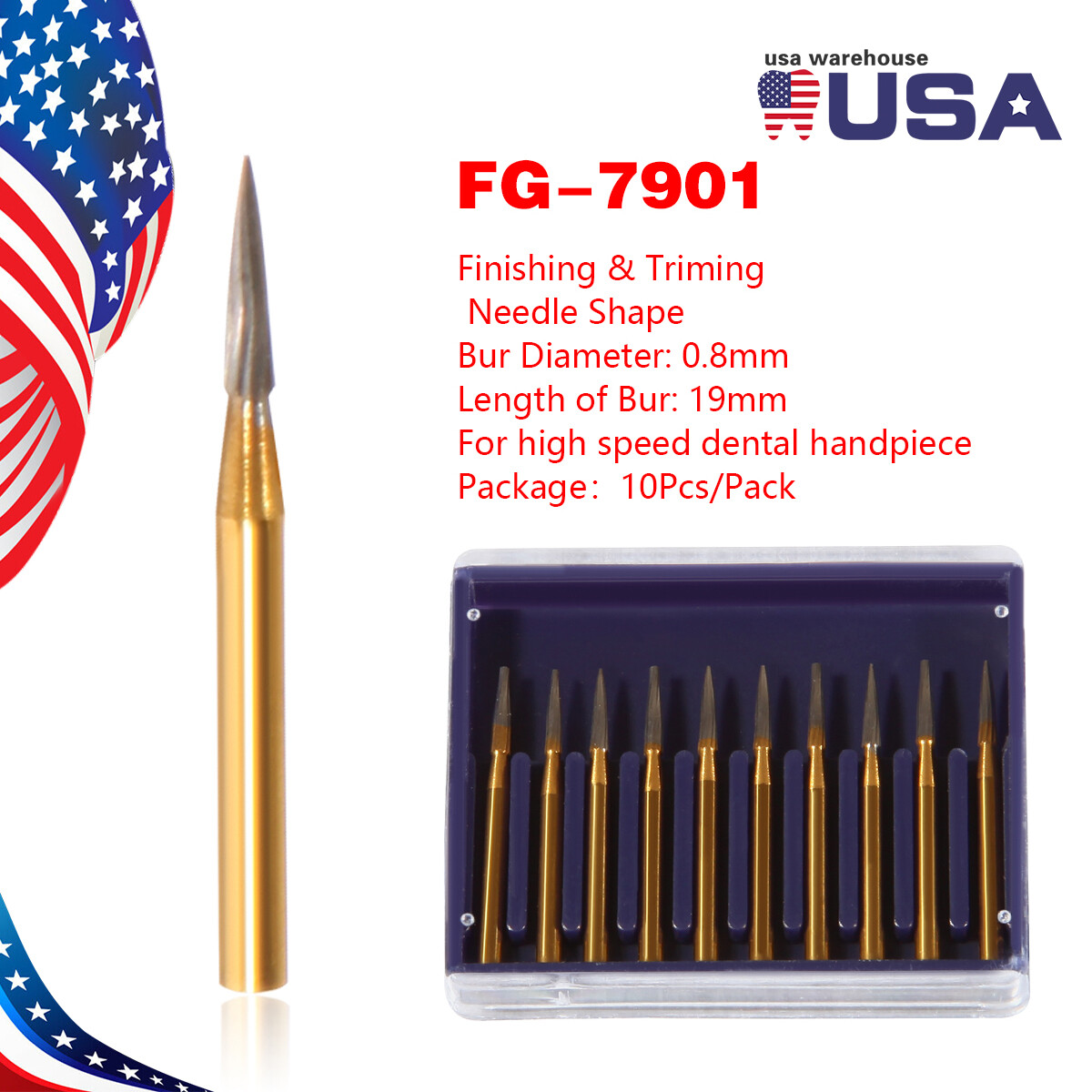 Dental Tungsten Carbide Gold Bur Trimming & Finishing &Polishing Flame FG7901 DL