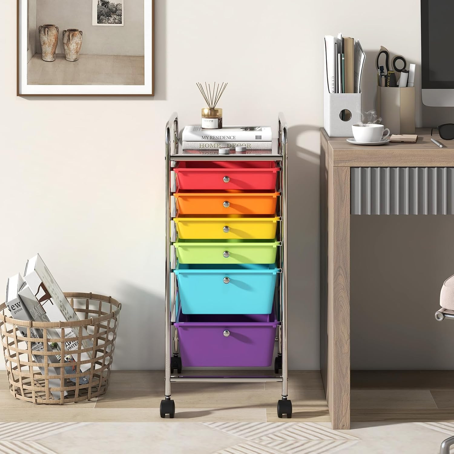 Multicolor 6-Drawer Rolling Storage Cart – Mobile Organizer for Home & Office