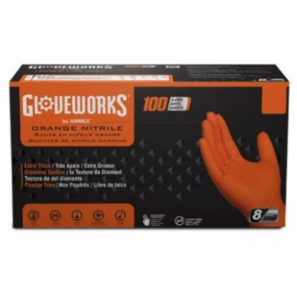 GLOVEWORKS HD Orange Disposable Gloves 8 Mil Raised Diamond Texture XL