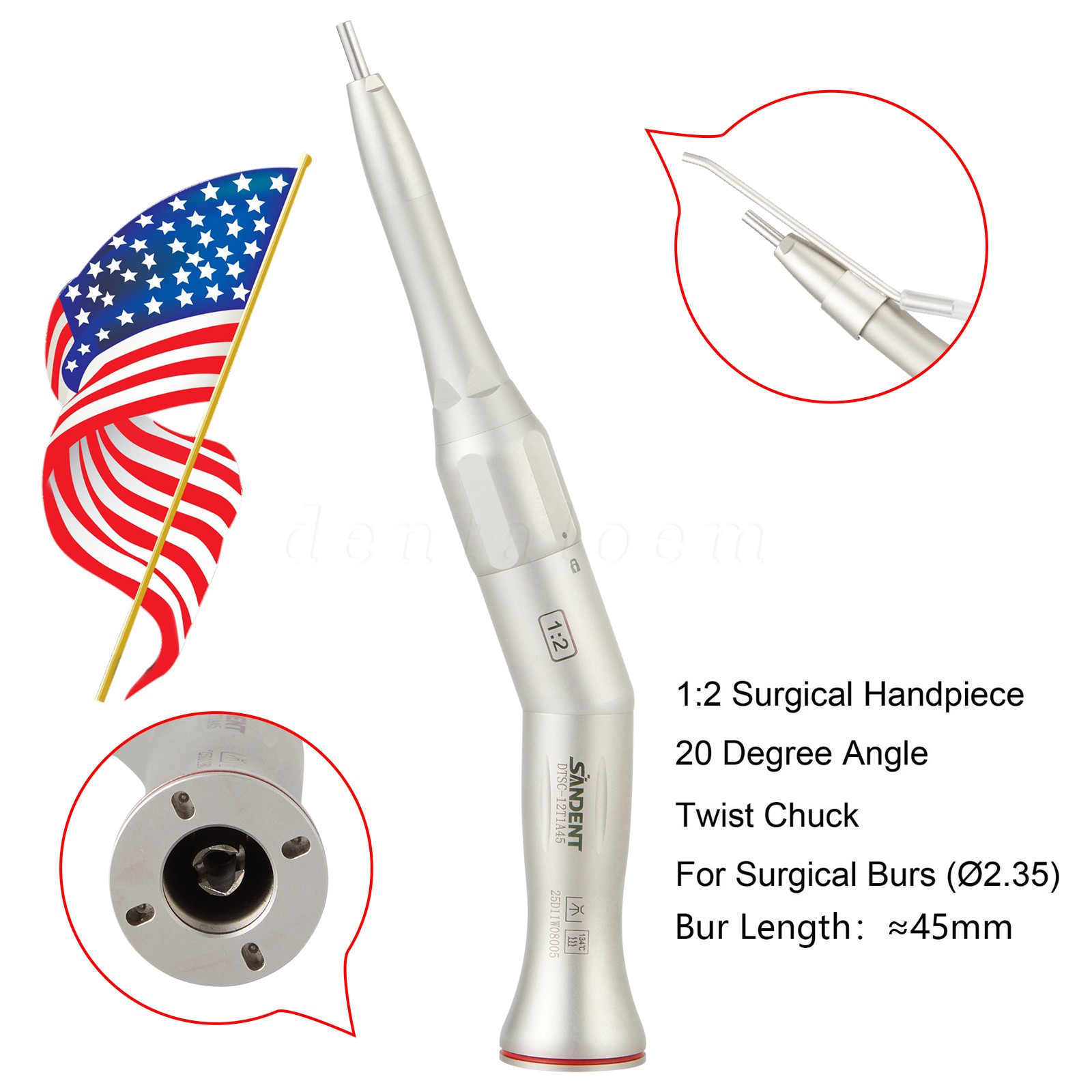1-100 SANDENT Dental 1:2 Surgical Osteotomy Low Speed Handpiece 20º Contra Angle