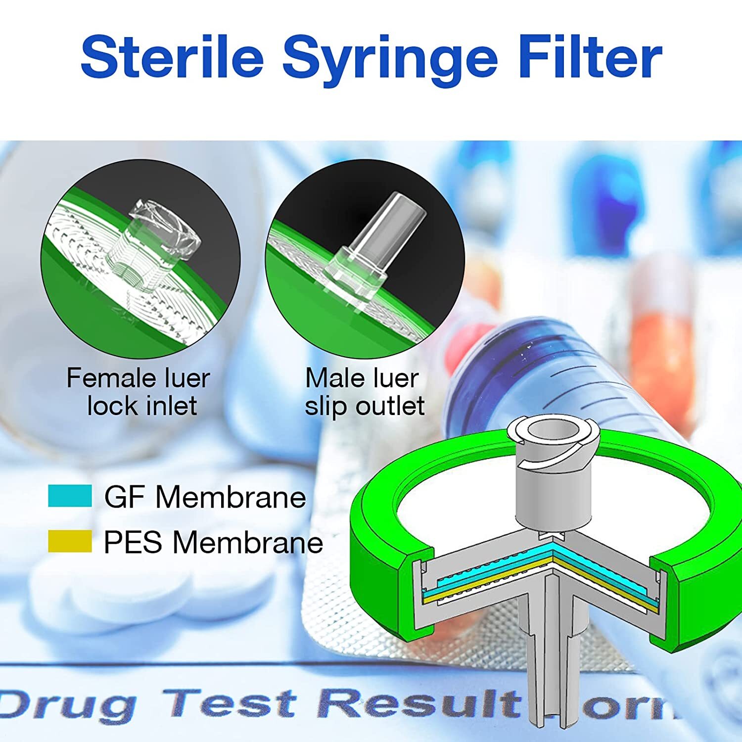 100PCS Lab Syringe Filter Sterile PES Membrane 33mm 0.22µm Individually Packed