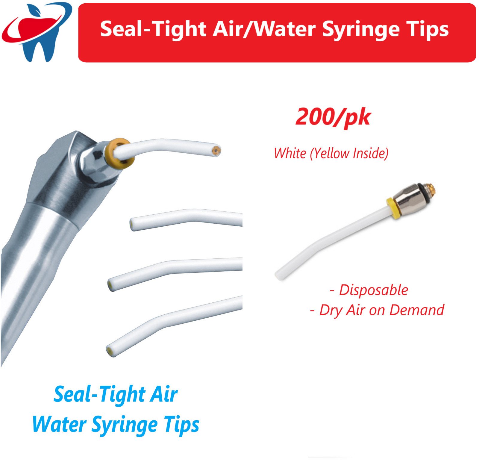 Dental Seal Tight Tips Replacment Air Water Syringe Tips, White (Yellow), 200/Pk