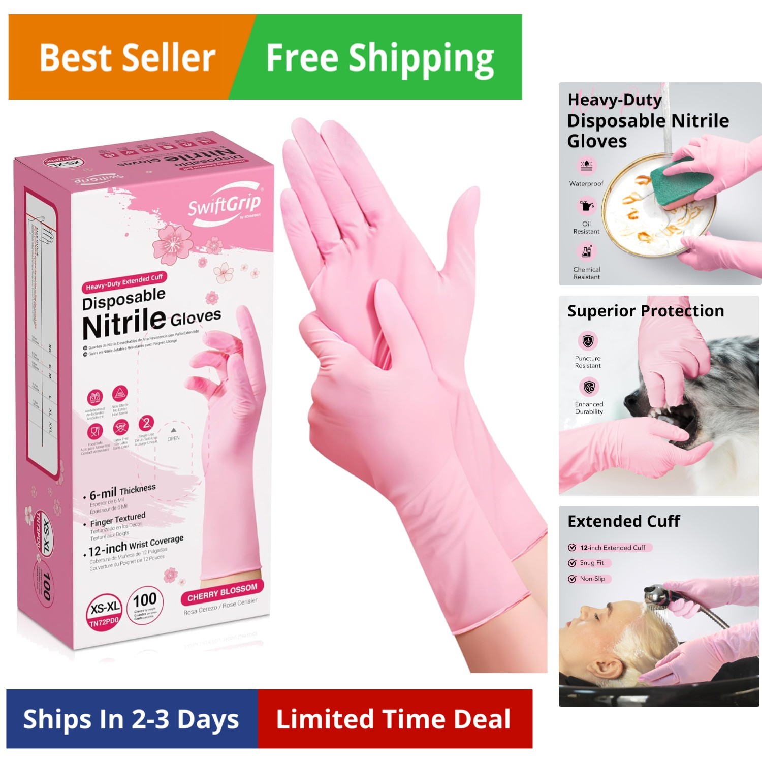 Disposable Nitrile Dishwashing Gloves, Extended 12 Inches Cuff, 6-mil, Cherry…