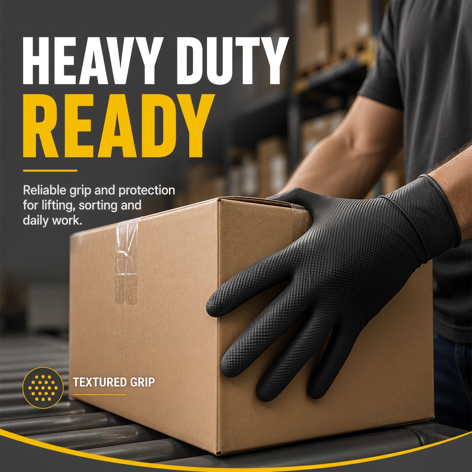 1000 Pcs Heavy Duty 8 Mil Nitrile Gloves, Diamond Grip, Black, Size M
