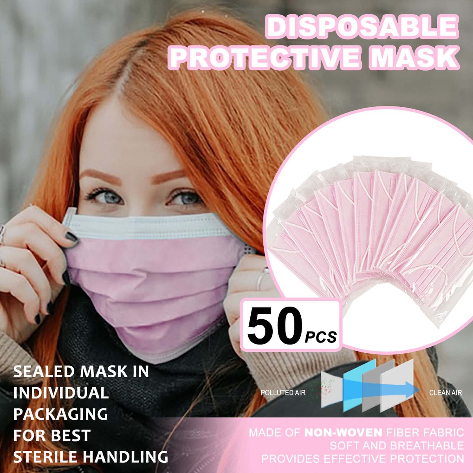 [Individually Wrapped] 50 Pcs PINK Disposable Face Mask 3-Ply Non Medical Cover