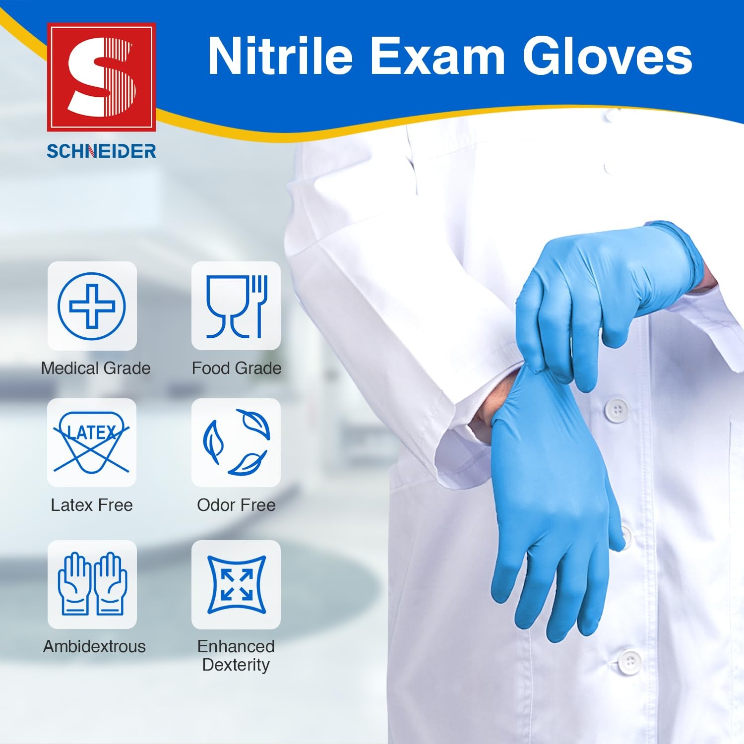 Schneider Nitrile Exam Gloves – L, 100-ct Box, Medical Grade Blue Large,