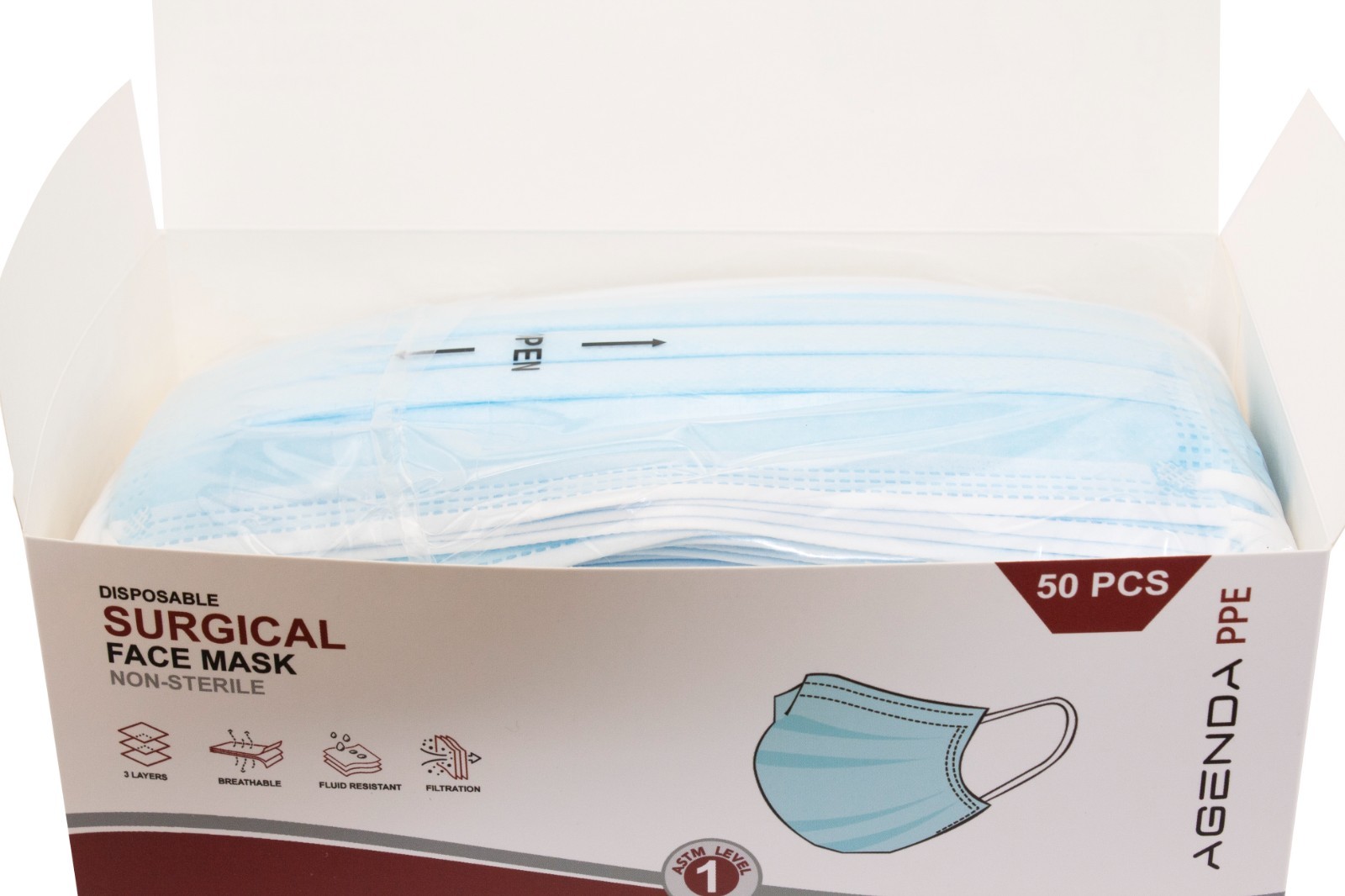 Agenda PPE – Level 1 ASTM Disposable Face Masks Blue 3 Ply Earloop – 600pcs