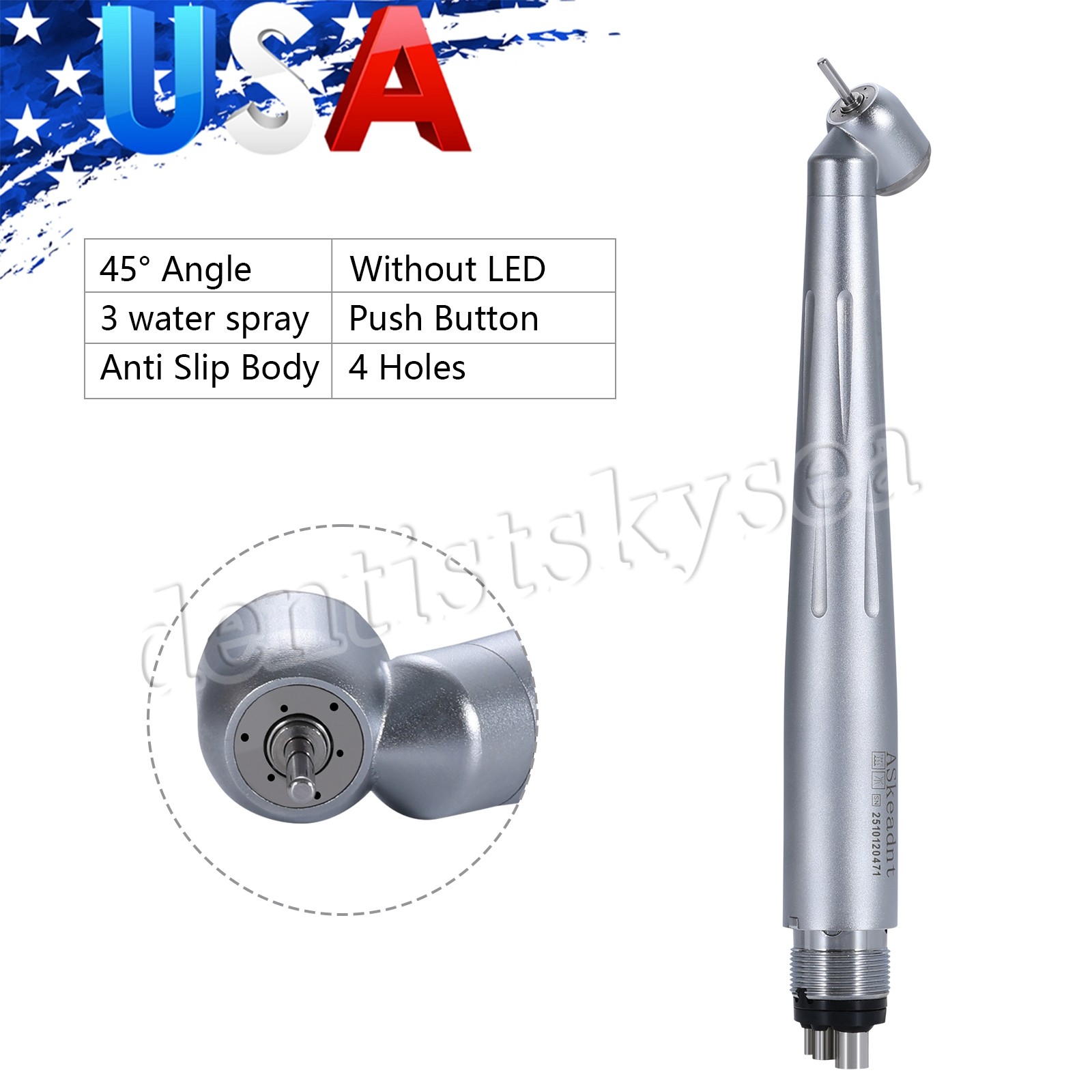 Dental Surgical 45 Degree High Speed Handpiece Push Button Single Spray 4 Holes