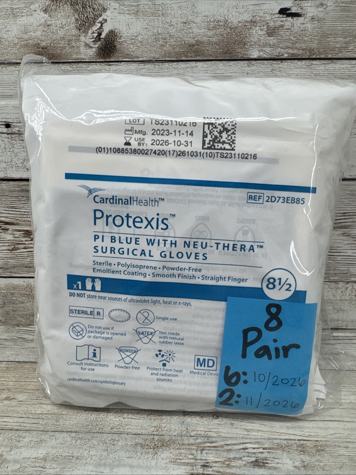Protexis PI Blue w/Neu-Thera Surgical Gloves *8 PAIR* Size: 8.5 *Exp: 10/26+*