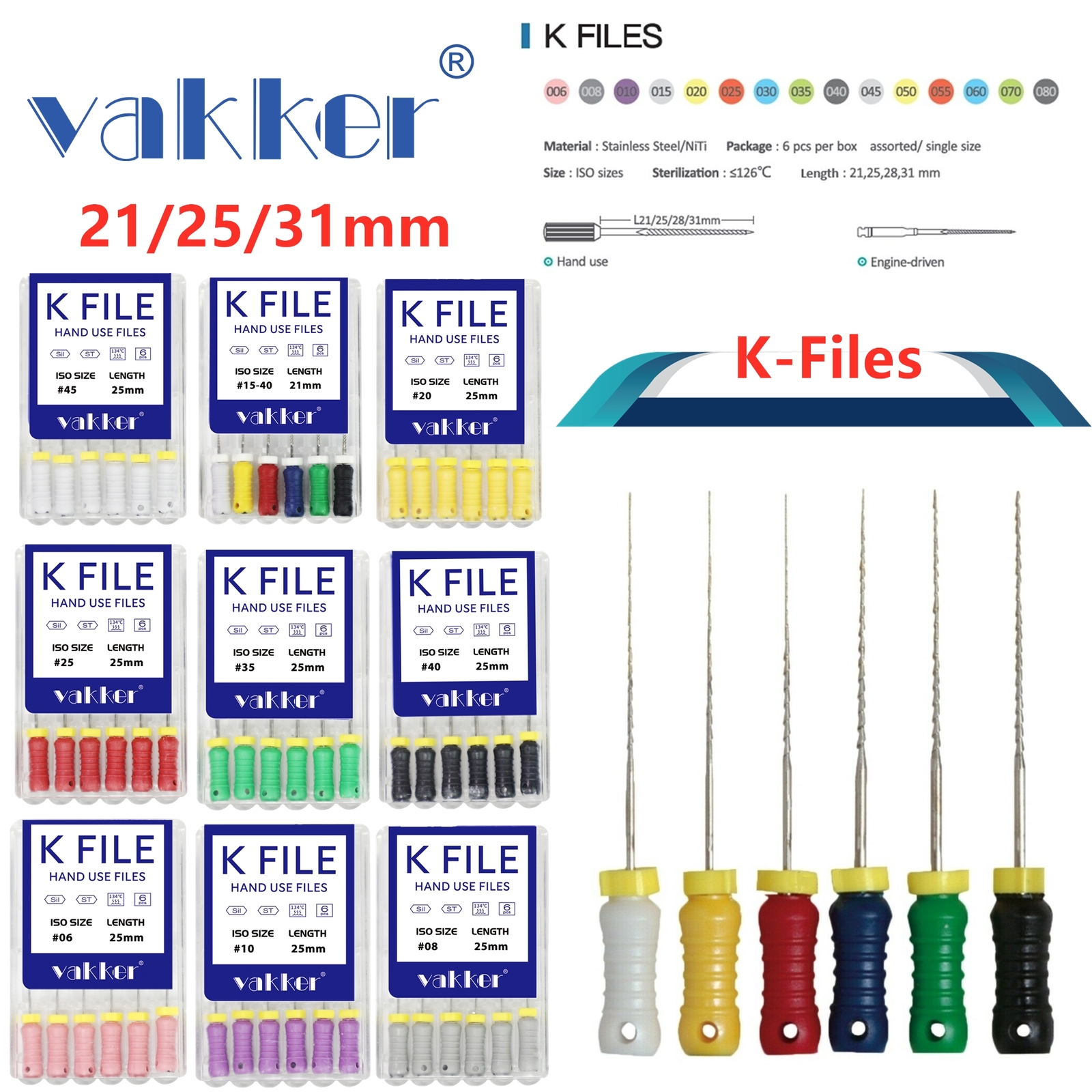 Dental Endodontic Root Canal File K Files Stainless Stee l31/25/21mm Hand Use