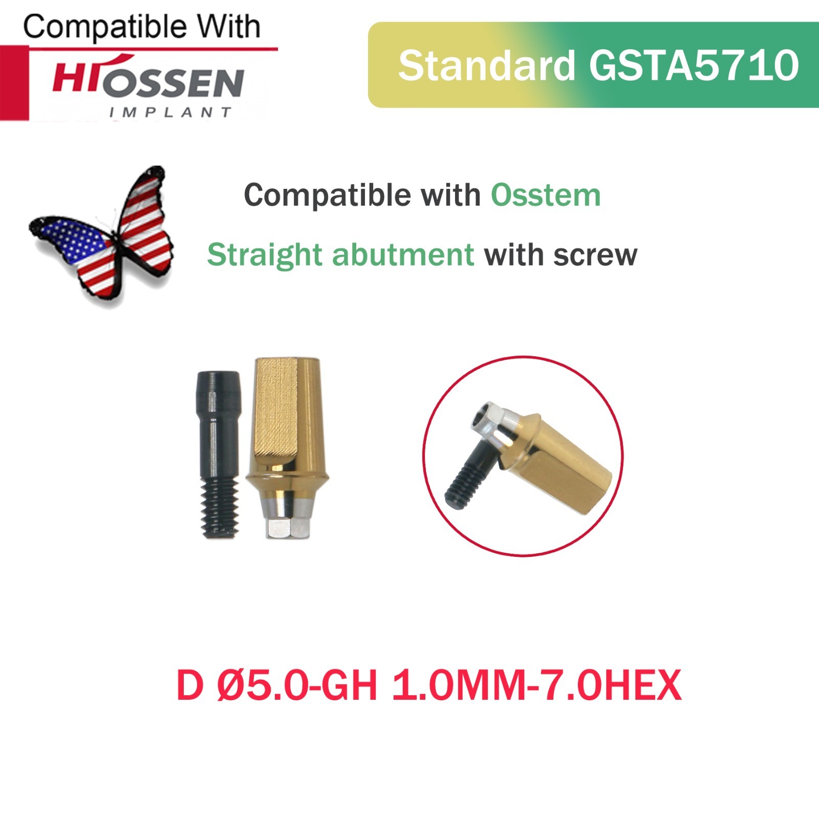 Dental Straight Transfer Abutment Regular Ø5.0 mm Hex GH 1–6 mm Hiossen/Osstem