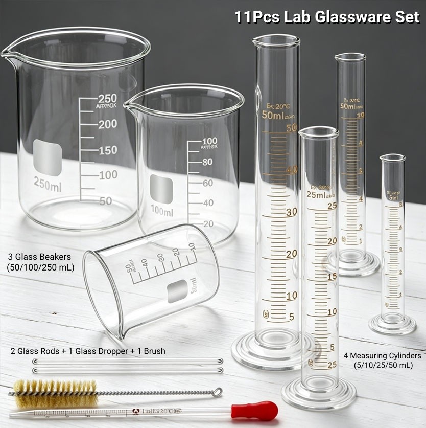 Set of 11 Laboratory Glassware Set Science Lab Chemistry Beaker 50/100/250ML