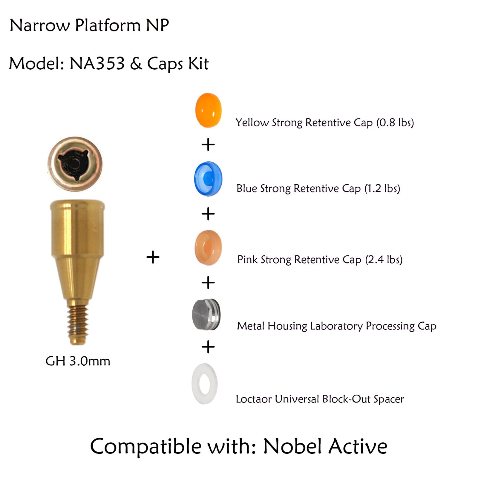 US Attachment Locator Abutment For Nobel Active NP/RP 1-5mm & Male Cap Inserts