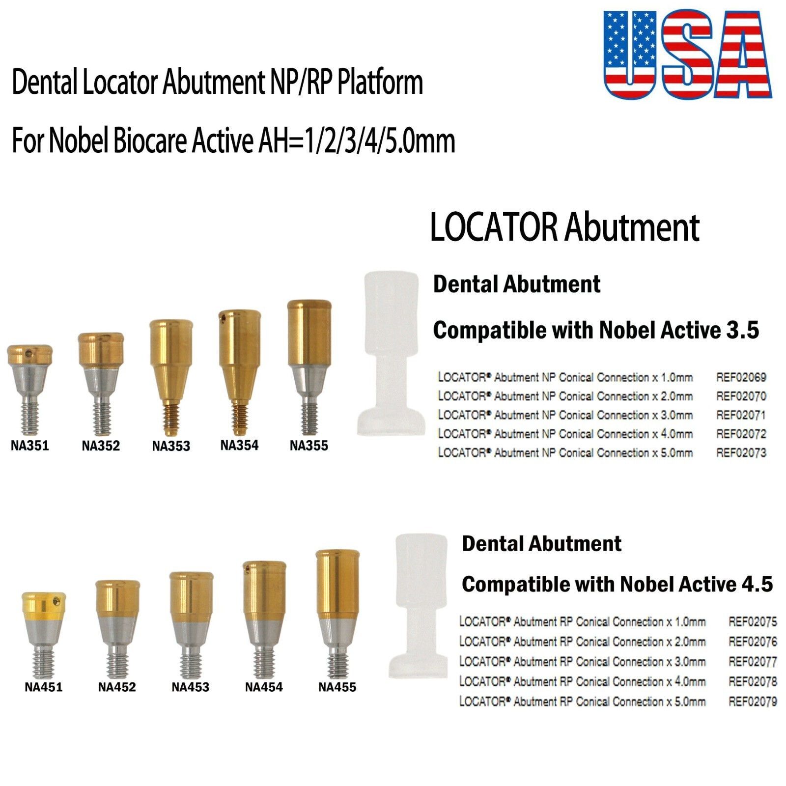 US Locator Abutments fits NOBEL Biocare Nobel Active Conical NP/RP GH=1.0-5.0mm
