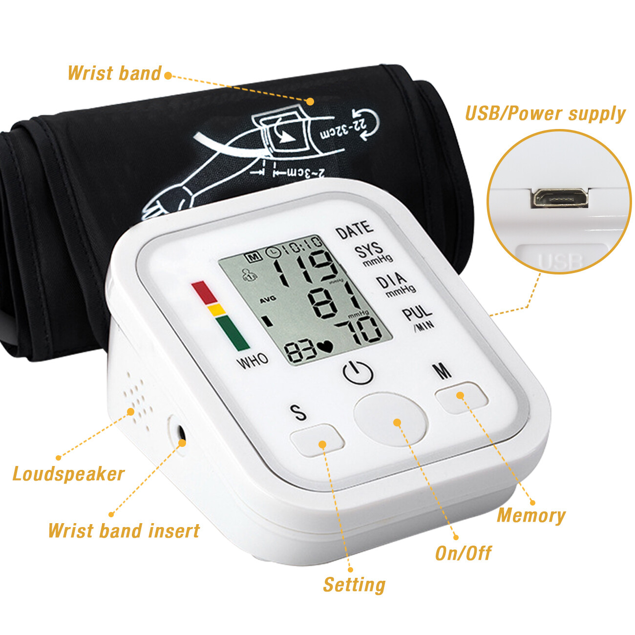 Automatic Upper Arm Blood Pressure Monitor Pulse Meter BP Machine Voice Talking