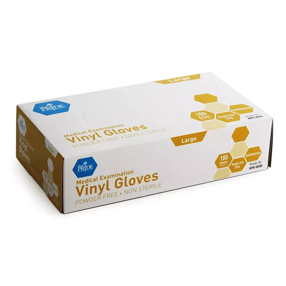 Medpride Medical Vinyl Examination Gloves, Latex Free Rubber, Size Large -100/Bx