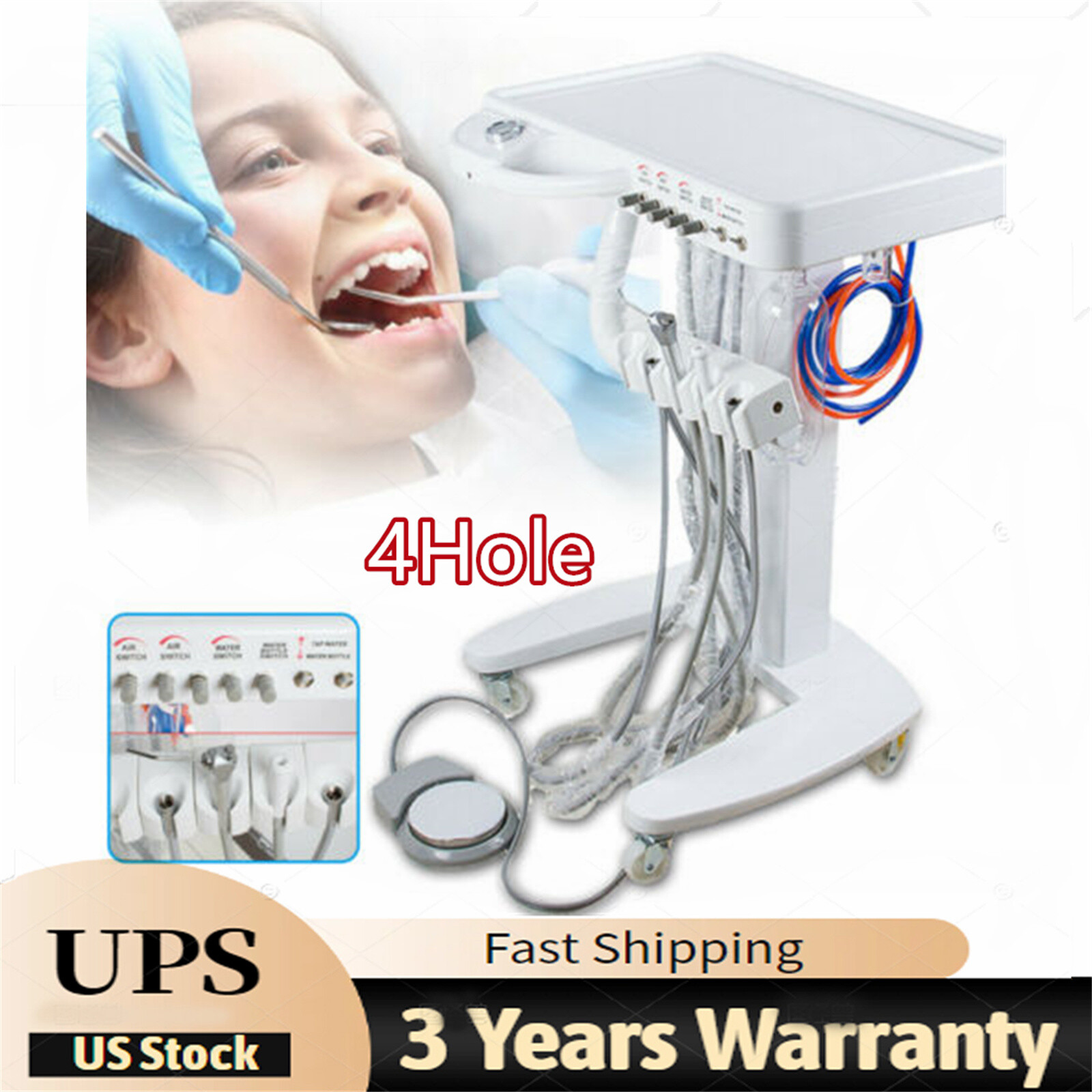 Portable Mobile Dental Delivery Unit System Cart Treatment Compressor 4-Hole