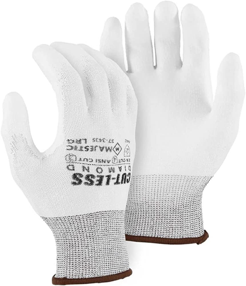 Majestic 37-3435 White Cut-Less Diamond Seamless Knit Glove PU Palm Med. 3 Pair