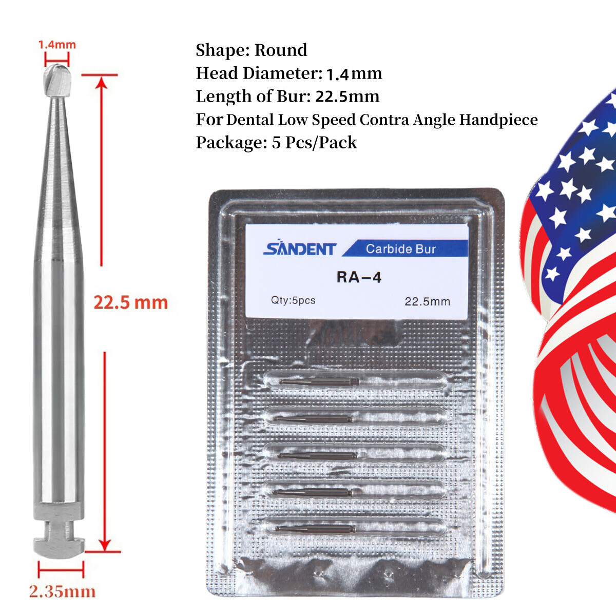 SANDENT Dental Round Carbide Bur for Slow Speed Latch RA4 5pcs/pack