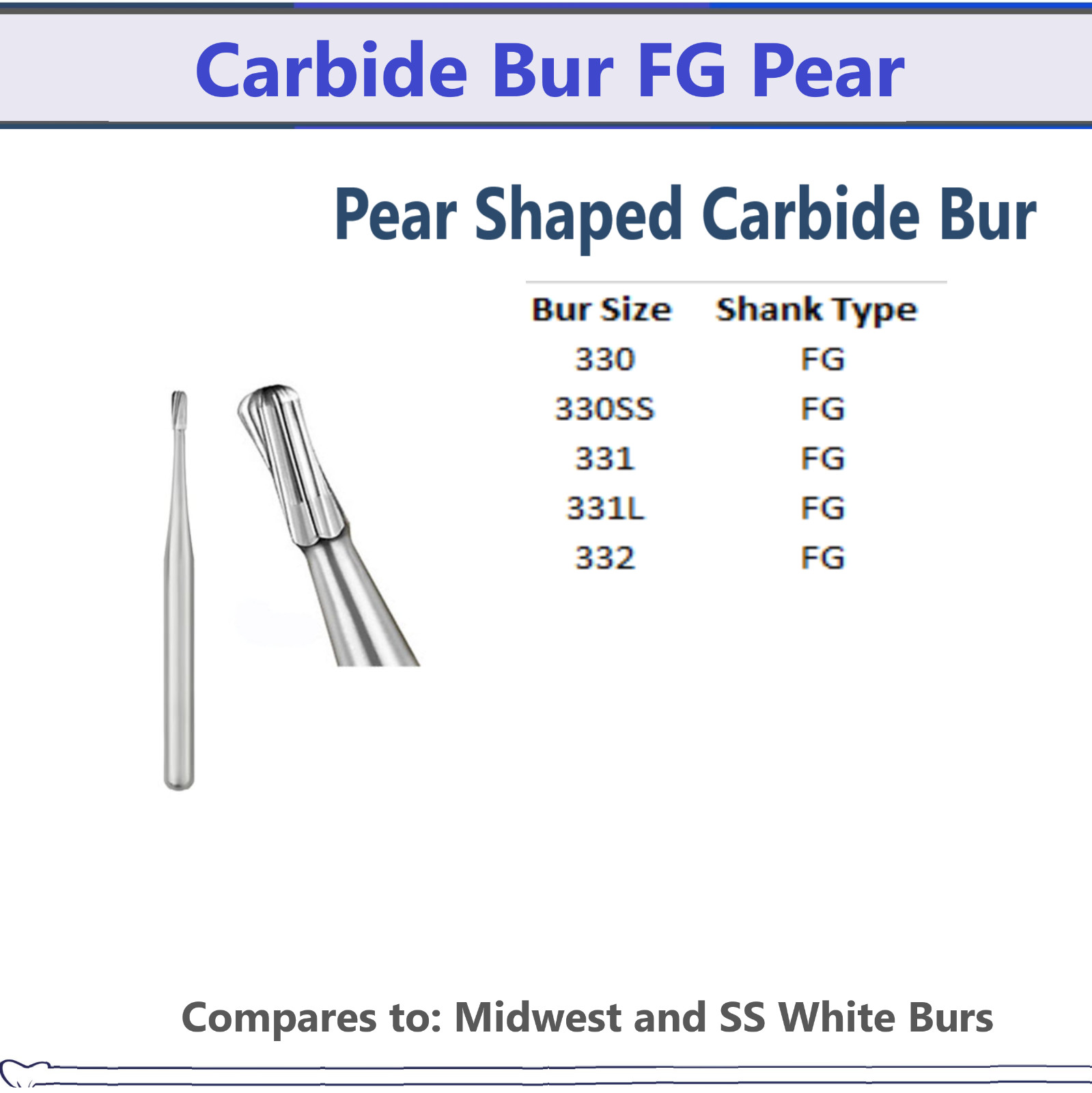 AMGoods Dental Carbide Burs FG Friction Grip PEAR 330 330ss All Sizes Pkg/5/10