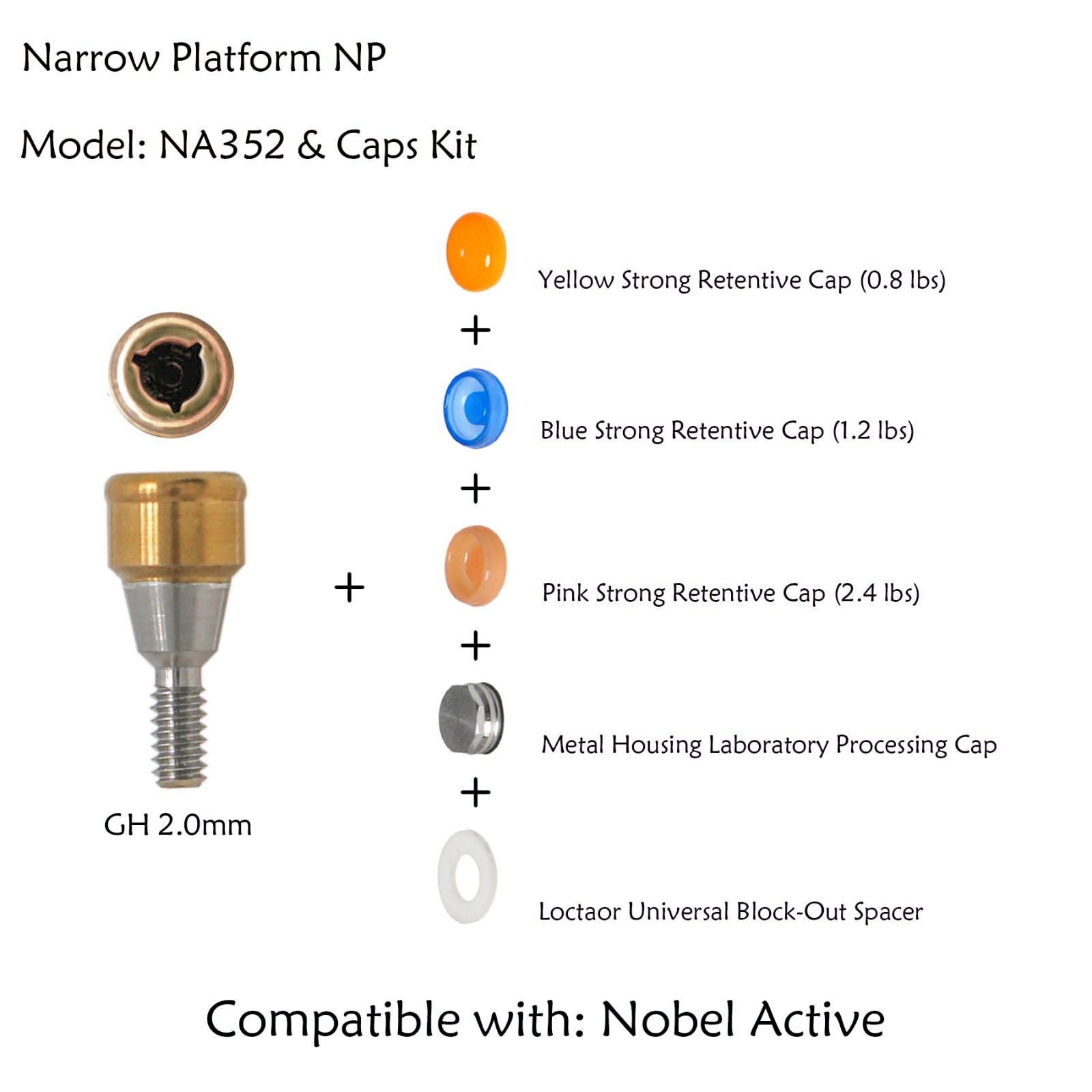 US Attachment Locator Abutment For Nobel Active NP/RP 1-5mm & Male Cap Inserts