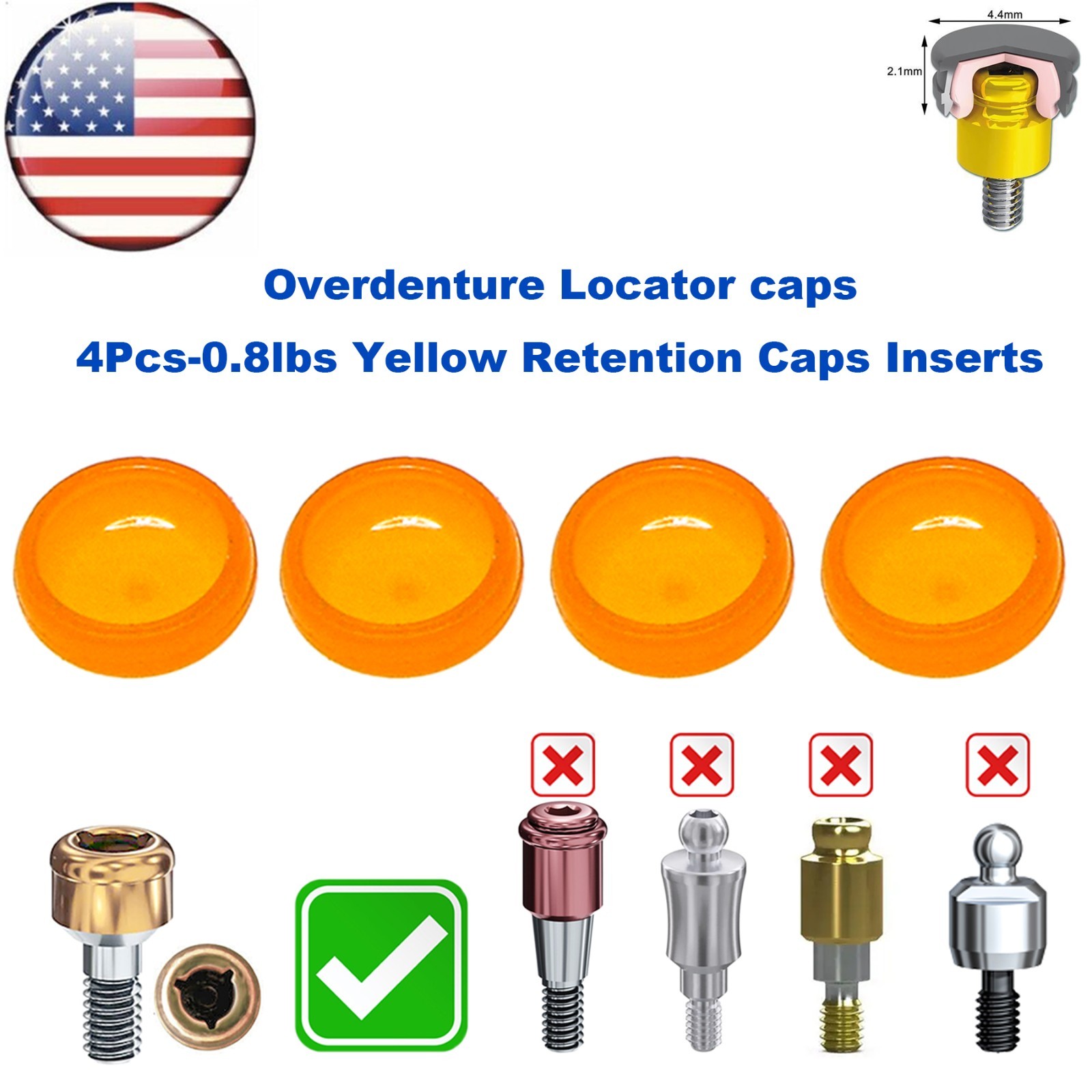 US Dental Overdenture Locator Core Tool Retention Male Caps For Abutment Inserts