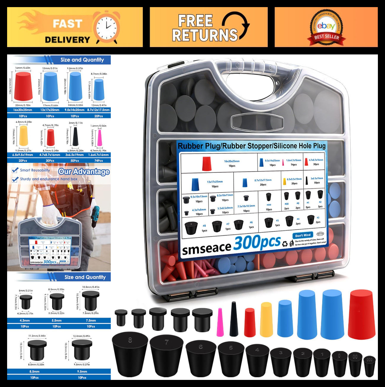 300Pcs Rubber & Silicone Hole Plugs, High-Temp Flexible Stoppers, 24 Sizes, Tool