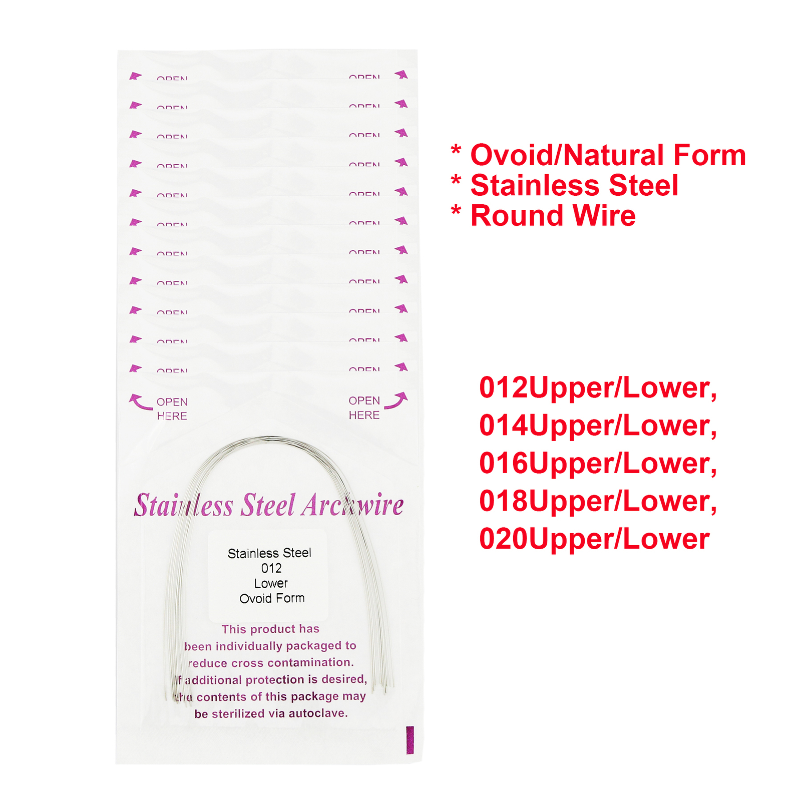 100Pcs Dental Ovoid/Natural Ortho Round Stainless Steel Arch Wire Form 012-20U/L