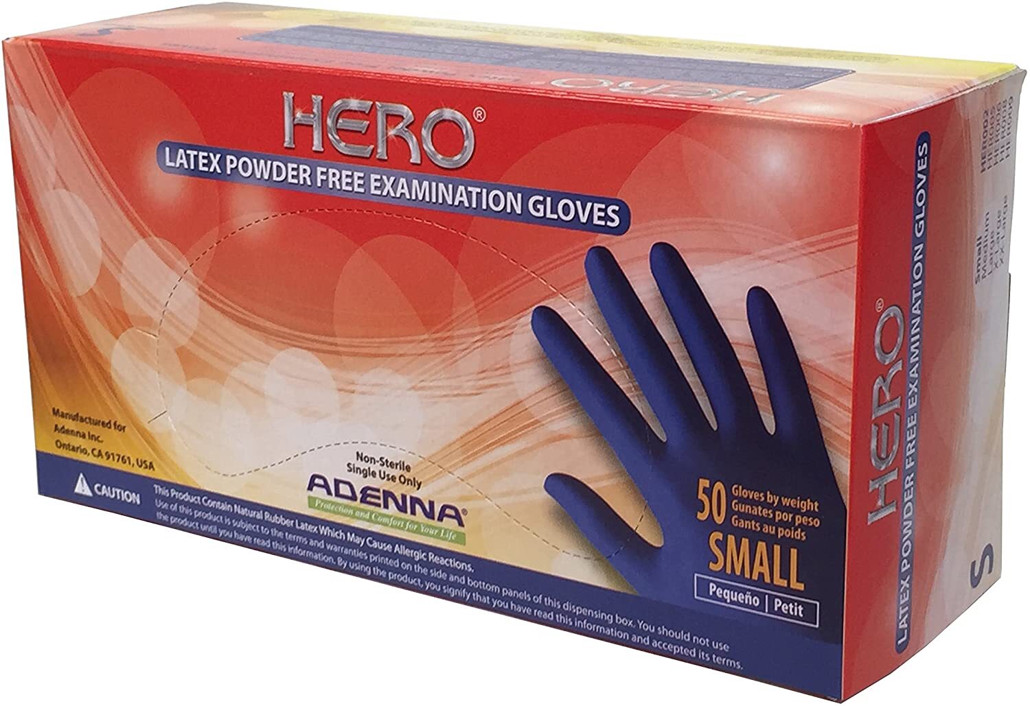 Adenna HER002 Hero 14 mil Latex Powder Free Exam Gloves ( Blue, Small) Box of 50