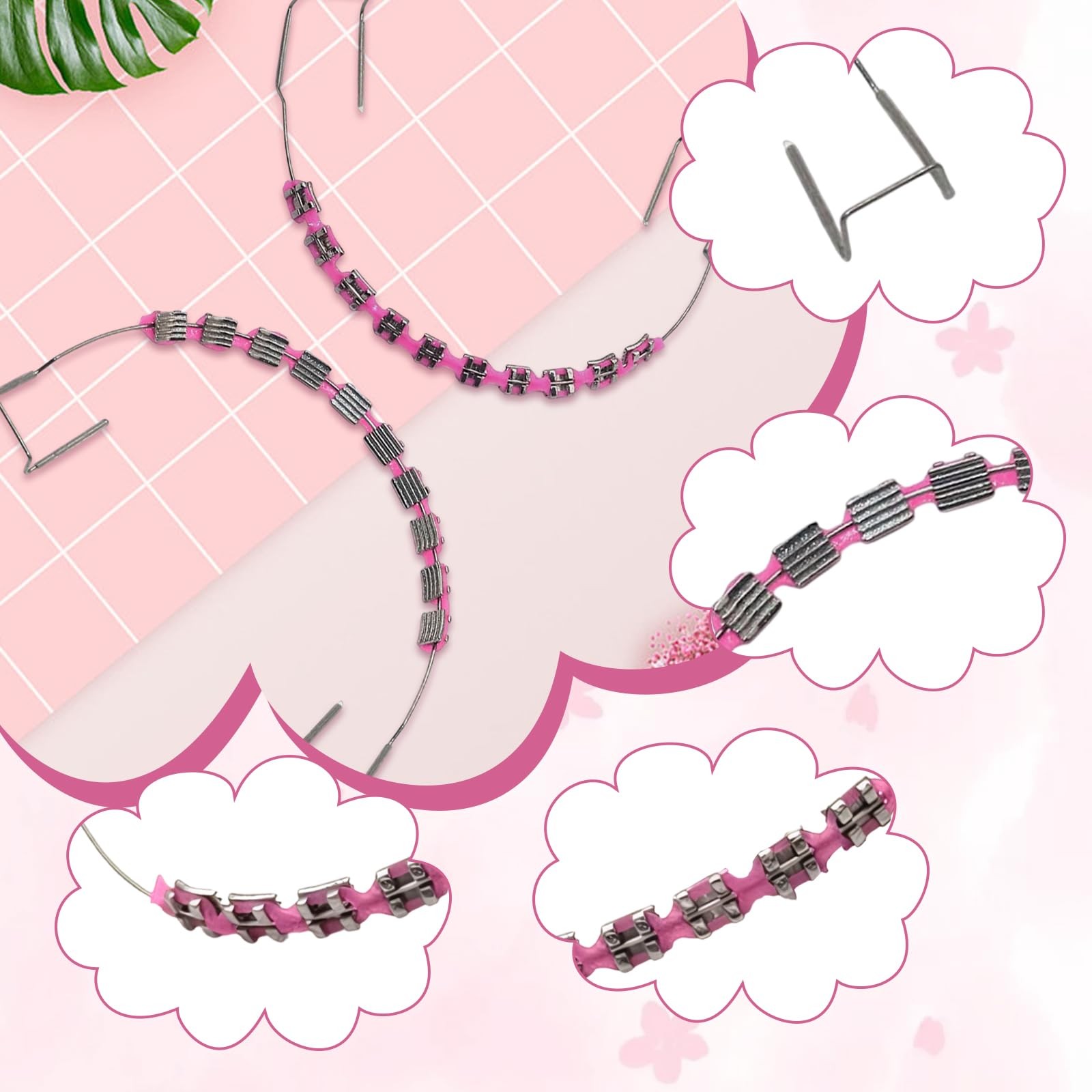 1 Pack Fake Braces, Temporary Tooth Decoration with Metal Wires, Pink