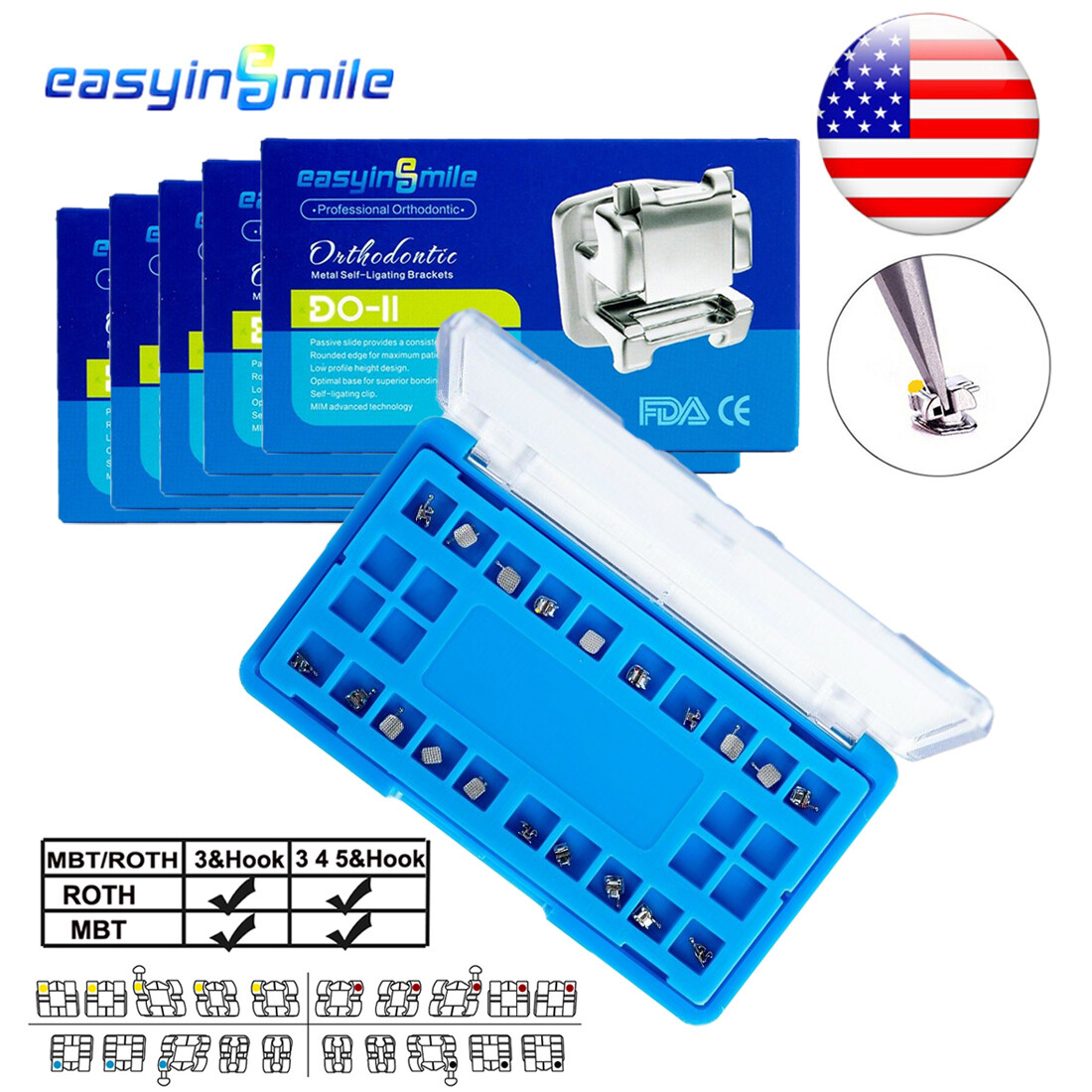 Dental Self-ligating Brackets Orthodontic Metal Braces MINI MBT/ROTH 022 3/345