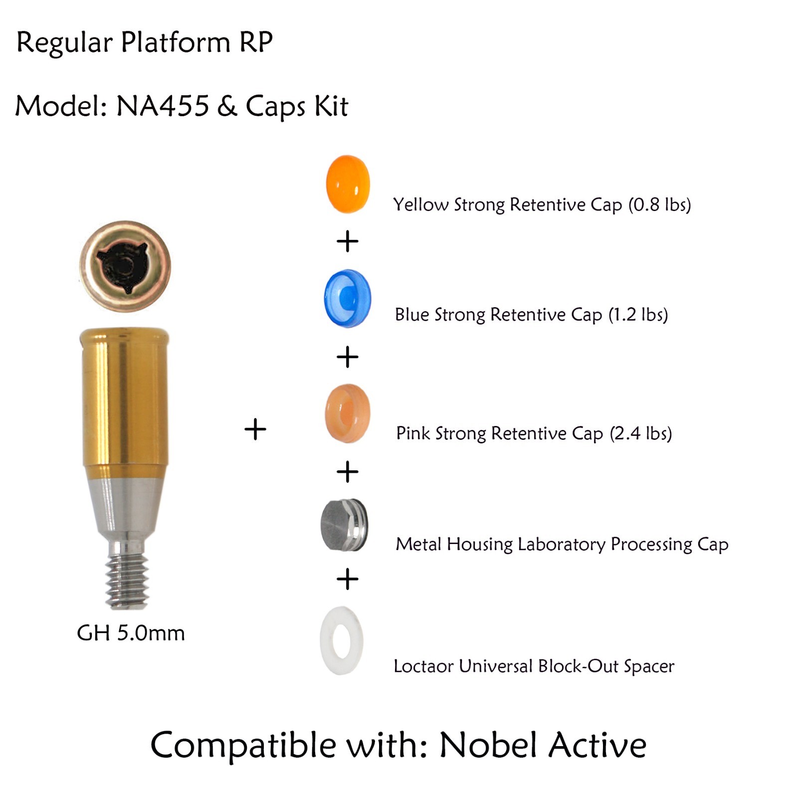 US Attachment Locator Abutment For Nobel Active NP/RP 1-5mm & Male Cap Inserts