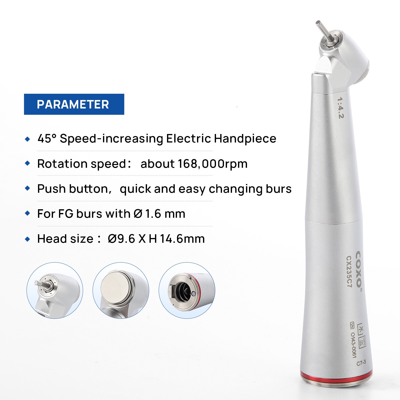 COXO CX235C7 45° Speed-increasing Electric Handpiece 1:4.2 for FG burs Ø1.6mm