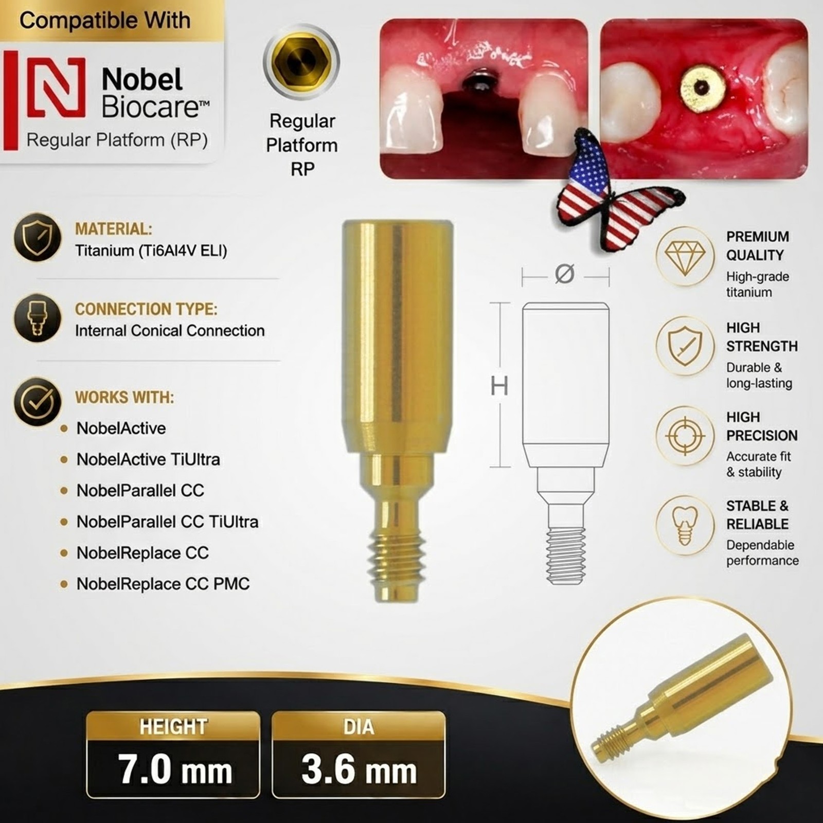 US Nobel Active Nobel Parallel CC Healing Abutment Compatible Conical Connection