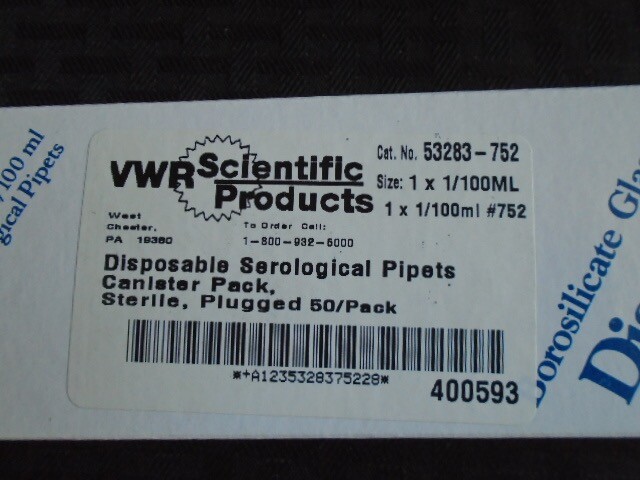 VWR 1mL in 1/100mL Glass Disposable Serological Pipets Plugged Sterile 500/Case