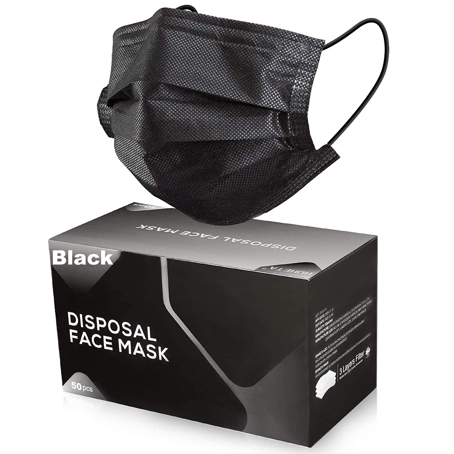 50 PCS Disposable Face Mask Non Medical Surgical 3 Ply Ear loop Black Masks USA