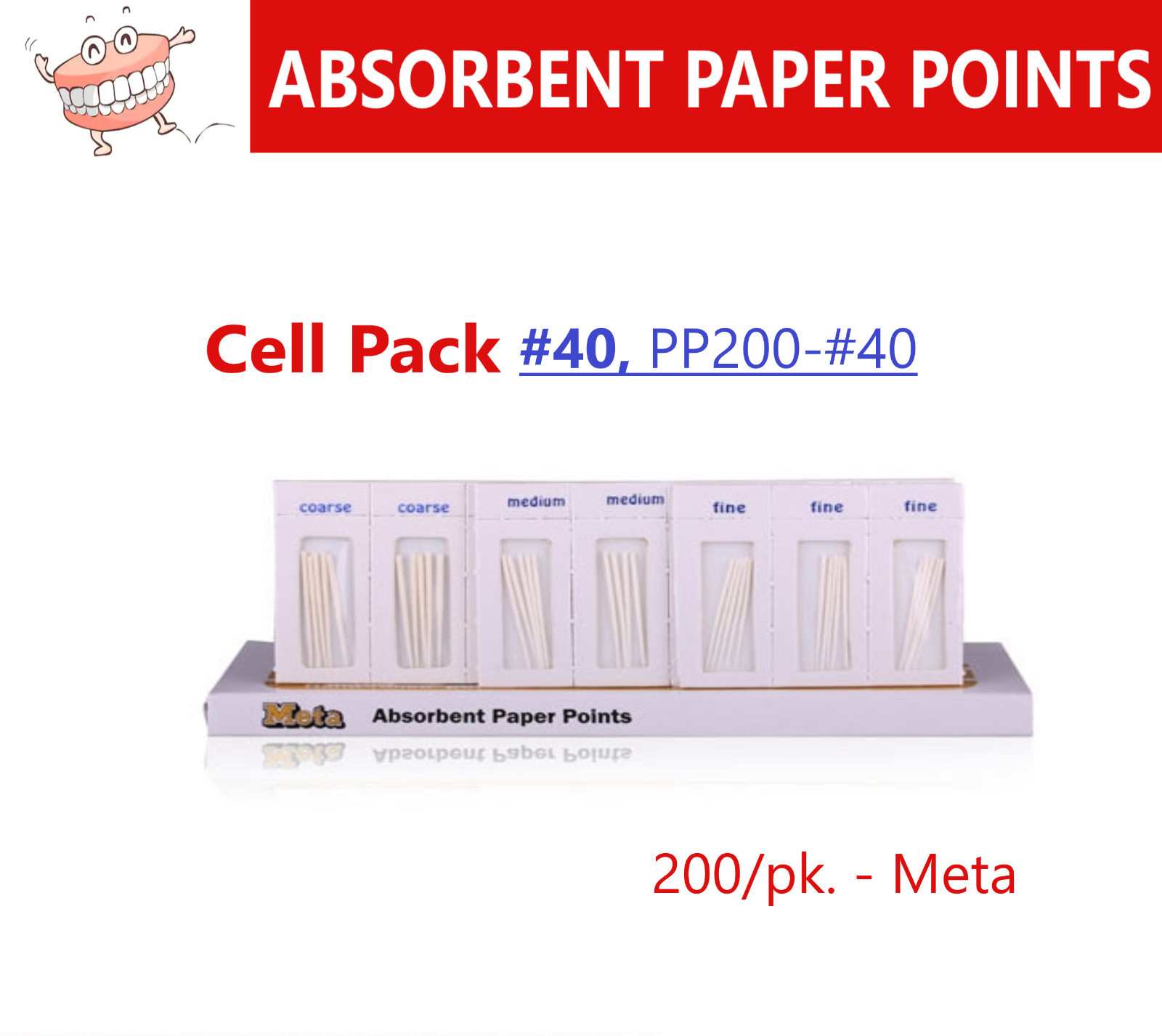 Dental Endo ABSORBENT PAPER Points CELL Pack #40, PP200-#40, Meta, 200/Pk