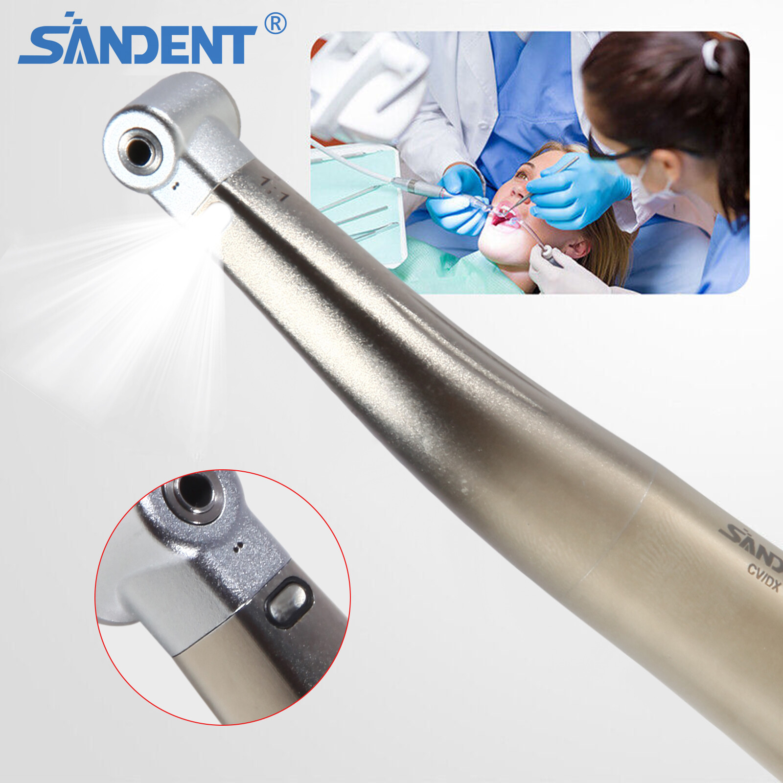 Dental 1:1 Optic Fiber LED Contra Angle Low Speed Handpiece SANDENT DS