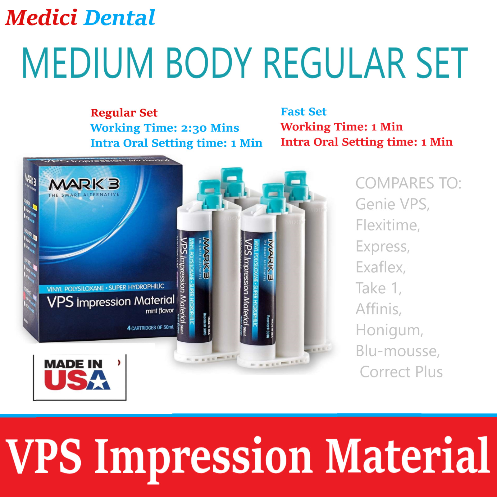 DENTAL VPS IMPRESSION MATERIAL MEDIUM BODY REGULAR SET 4 X 50 ML Cartridges